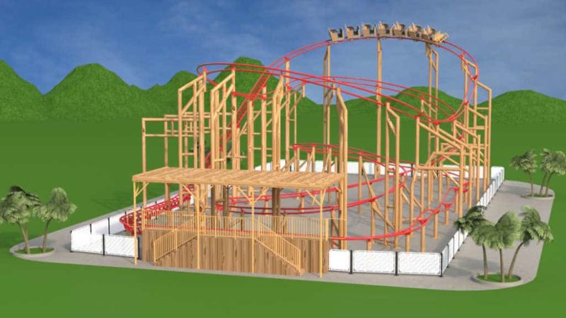 Das Bild zeigt das kurviges Layout der Berg- und Tal Hetz aus dem Skyline Park. Die Gestaltung der Achterbahn besitzt auf diesem Konzept einen hohen Holzanteil. Dies untermalen die hölzern aussehenden Stützen der Anlage.