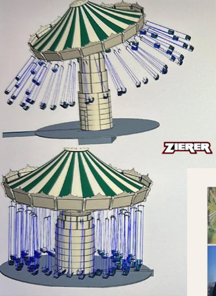 Der Zierer Waveswinger für den Emerald Park, wird blaue Sitze und ein Grün/Weißes Dach haben.