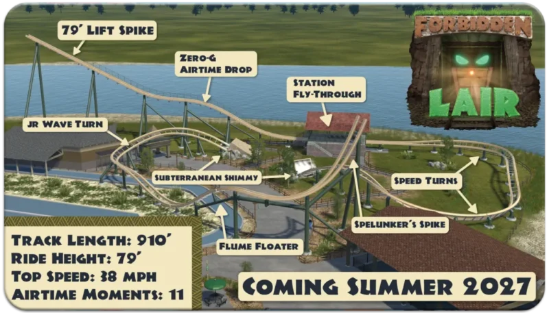 Forbidden Lair: Lost Island Theme Park kündigt für 2027 ersten RMC Family Shuttle Coaster der Welt an 2 Ein Blick auf Forbidden Lair im Lost Island Theme Park